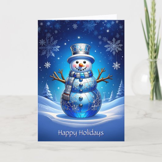 Blue Snowman Snowflakes Holiday Card Kaart (Voorkant)