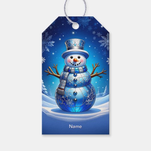 Blue Snowman Snowflakes Holiday Gift Tag Cadeaulabel (Voorkant)