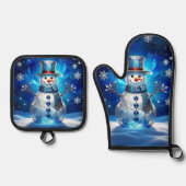 Blue Snowman Snowflakes Ovenwant & Pannenlap Set (Voorkant)