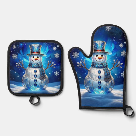 Blue Snowman Snowflakes Ovenwant & Pannenlap Set (Voorkant)