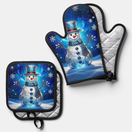 Blue Snowman Snowflakes Ovenwant & Pannenlap Set (Voorkant / Achterkant)