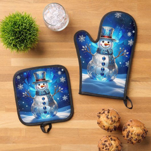 Blue Snowman Snowflakes Ovenwant & Pannenlap Set (Top down)