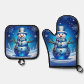 Blue Snowman Snowflakes Ovenwant & Pannenlap Set (Voorkant)