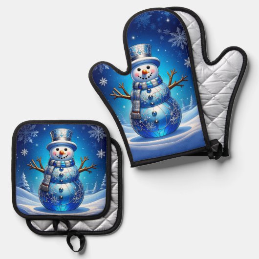 Blue Snowman Snowflakes Ovenwant & Pannenlap Set (Voorkant / Achterkant)