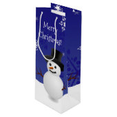 Blue Snowman Winter Scene Kerstwijn Gift Bag Wijn Cadeautas (Voorkant Gekanteld)