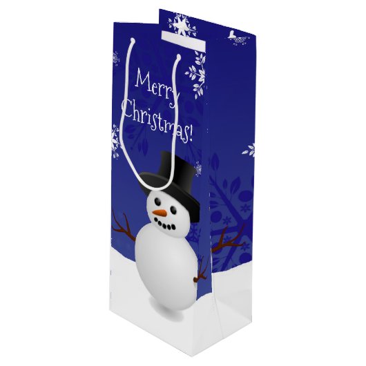Blue Snowman Winter Scene Kerstwijn Gift Bag Wijn Cadeautas (Voorkant Gekanteld)