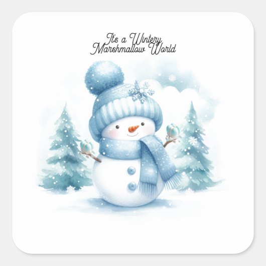 Blue Snowman Wintery Marshmallow World Vierkante Sticker (Voorkant)