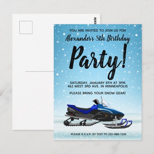 Blue Snowmobile Winter verjaardagsfeest Briefkaart (Voorkant / Achterkant)