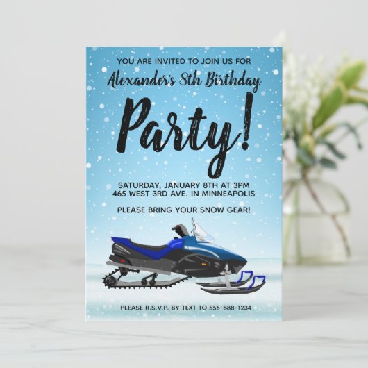 Blue Snowmobile Winter verjaardagsfeest uitnodigin Kaart (Staand voorkant)