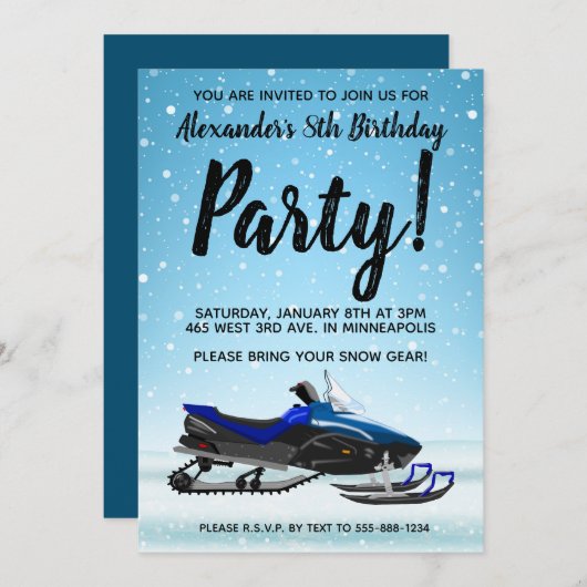 Blue Snowmobile Winter verjaardagsfeest uitnodigin Kaart (Voorkant / Achterkant)