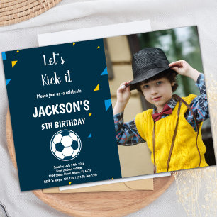 Blue Soccer Birthday Invitation Theme met foto Kaart