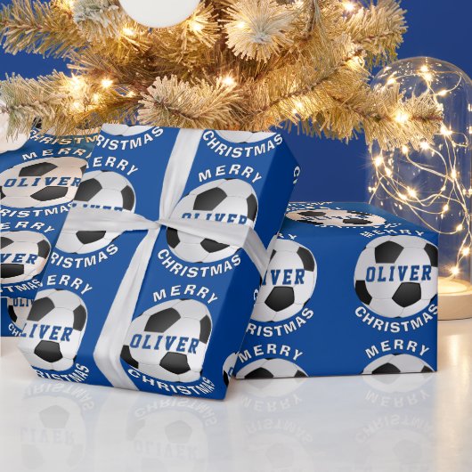 Blue Soccer Football Balls Kinder naam kerst Cadeaupapier (Feestdagen)