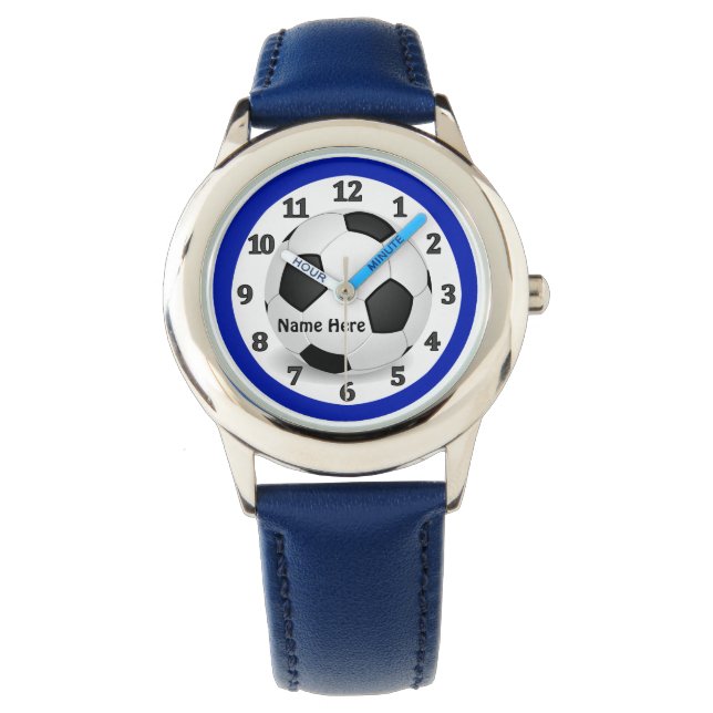 Blue Soccer Horloges voor Kinderen met hun NAAM (Voorkant)