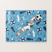Blue Soccer Player Ball Pattern Kinder Name Sports Legpuzzel (Horizontaal)