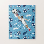 Blue Soccer Player Ball Pattern Kinder Name Sports Legpuzzel (Verticaal)