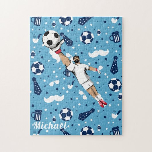 Blue Soccer Player Ball Pattern Kinder Name Sports Legpuzzel (Verticaal)