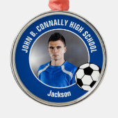 Blue Soccer Player Photo High School Christmas Metalen Ornament (Voorkant)