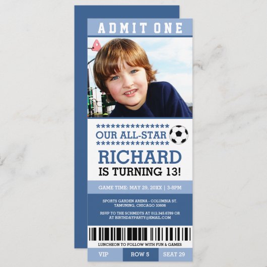 Blue Soccer Ticket Birthday Invites Kaart (Voorkant / Achterkant)