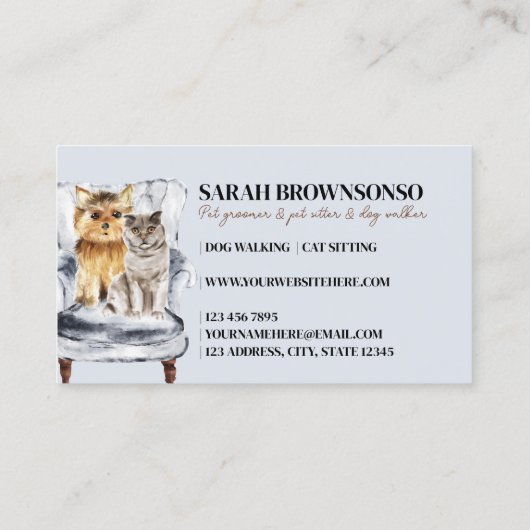 Blue Sofa Yorkie Dog Scottish Cat Pet Visitekaartje (Achterkant)