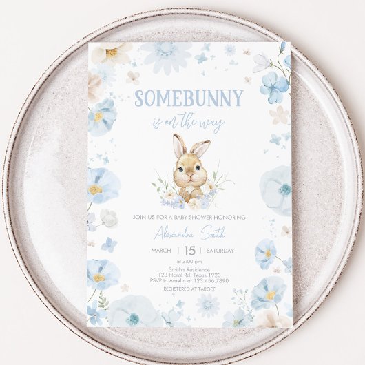 Blue Somebunny Rabbit Baby shower Kaart