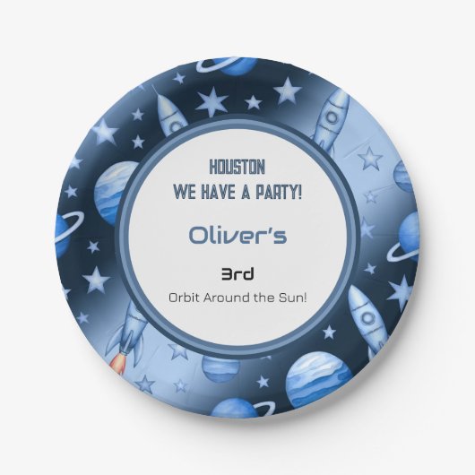 Blue Space Adventure Rocket Kids Verjaardag Graphi Papieren Bordje (Voorkant)