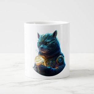 Blue Space Cat Astronaut houdt gloeiende module va Grote Koffiekop