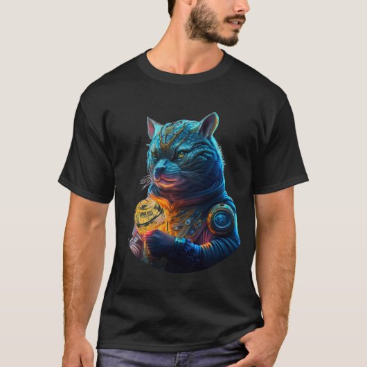 Blue Space Cat Astronaut houdt gloeiende module va T-shirt (Voorkant)