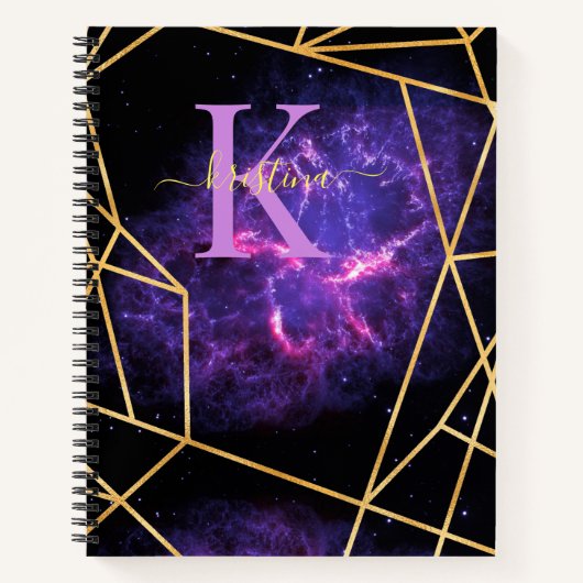 Blue Space Gold Glitter Sparkle Name Monogram Notitieboek (Voorkant)