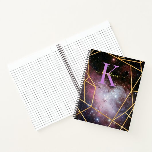 Blue Space Gold Glitter Sparkle Name Monogram Notitieboek (Binnen)