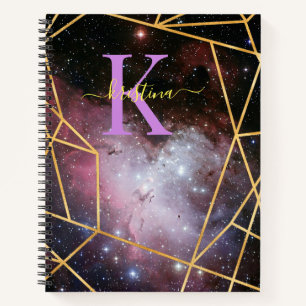 Blue Space Gold Glitter Sparkle Name Monogram Notitieboek
