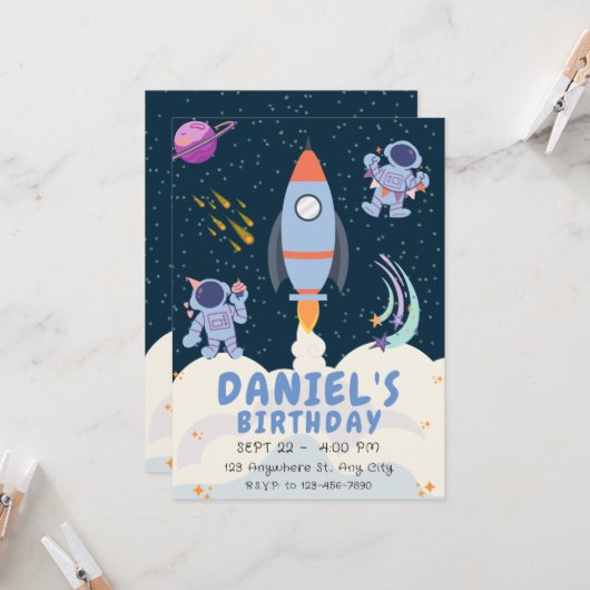 Blue Space & Rockets Verjaardag Kaart (Voorkant / Achterkant in situ)