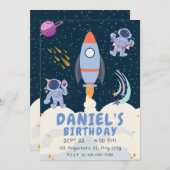 Blue Space & Rockets Verjaardag Kaart (Voorkant / Achterkant)