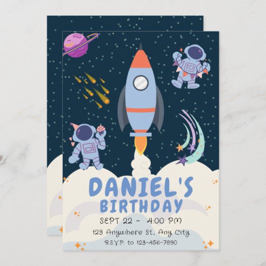 Blue Space & Rockets Verjaardag Kaart (Voorkant / Achterkant)