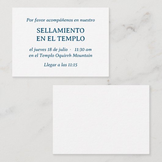 Blue Spanish Minimalist Temple Sealing Uitnodiging Informatiekaartje (Voorkant / Achterkant)