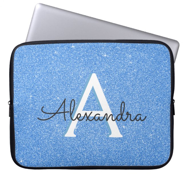 Blue Sparkle and Glitter Monogram Laptop Sleeve (Voorkant)