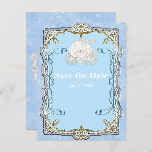 Blue Sparkle Carriage Cinderella Save the Date Aankondigingskaart (Voorkant / Achterkant)