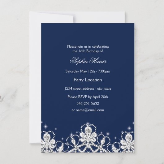Blue Sparkle Diamond & Glitter Sweet 16 Invite Kaart (Achterkant)