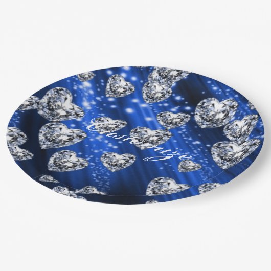Blue Sparkle Diamond Hearts Napkins Papieren Bordje (Gekanteld)