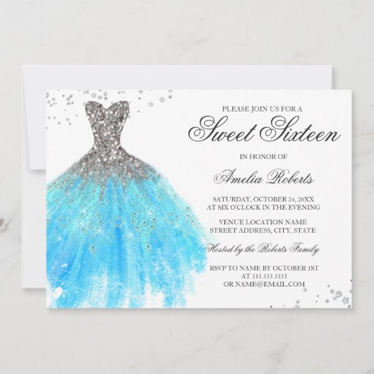 Blue Sparkle Dress Sweet Sixteen Uitnodiging (Voorkant)