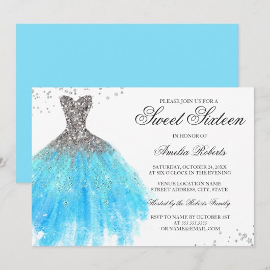 Blue Sparkle Dress Sweet Sixteen Uitnodiging (Voorkant / Achterkant)