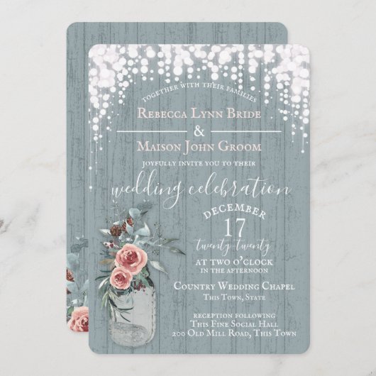 Blue Sparkle en Jar of Flowers Rustic Wedding Kaart (Voorkant / Achterkant)