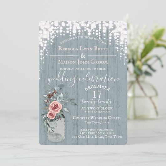 Blue Sparkle en Jar of Flowers Rustic Wedding Kaart (Staand voorkant)