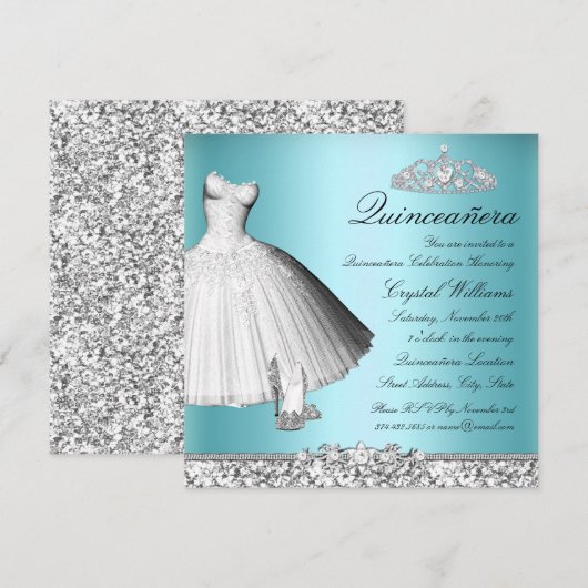 Blue Sparkle Glitter Dress & Heels Quinceanera Kaart (Voorkant / Achterkant)