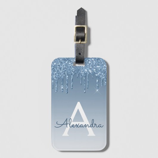 Blue Sparkle Glitter Monogram Naam Bagagelabel (Voorkant (verticaal))