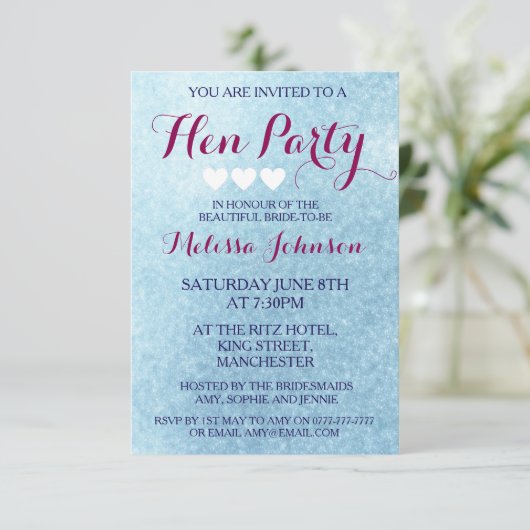 Blue Sparkle Hen Party Uitnodiging (Staand voorkant)