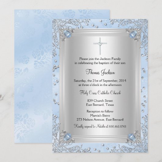 Blue Sparkle Jewel Baptism/Christening Invite Kaart (Voorkant / Achterkant)
