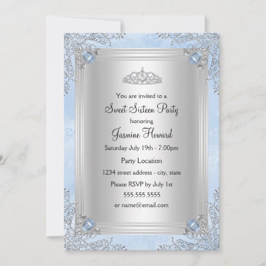 Blue Sparkle Jewel & Tiara Sweet 16 Uitnodiging (Voorkant)