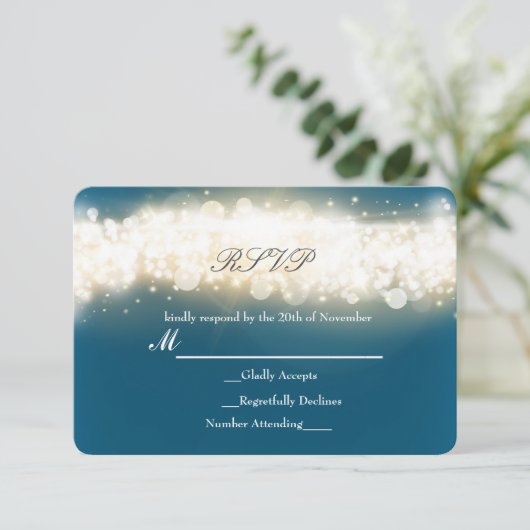Blue Sparkle Light Blast Wedding RSVP Card (Staand voorkant)
