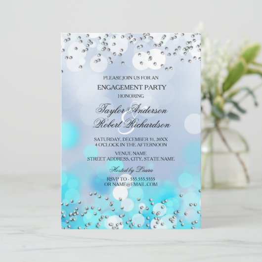 Blue Sparkle Lights Engagement Party - Uitnodiging (Staand voorkant)