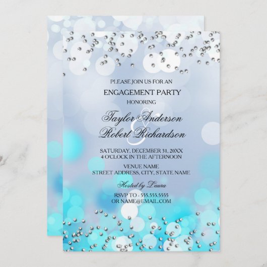 Blue Sparkle Lights Engagement Party - Uitnodiging (Voorkant / Achterkant)